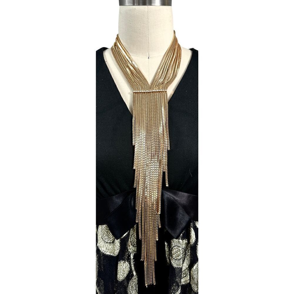 Heavy Square Chain Gold Tone Metal Fringe Bib Necklace 80s 90s Estate Jewelry